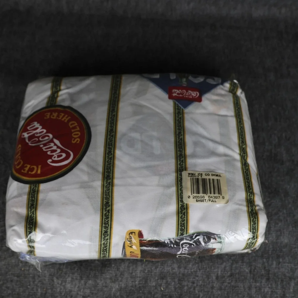 Vintage Coca-Cola Double Sheet Set Ice Cold Bottle Stripe Full Pattern Bedding